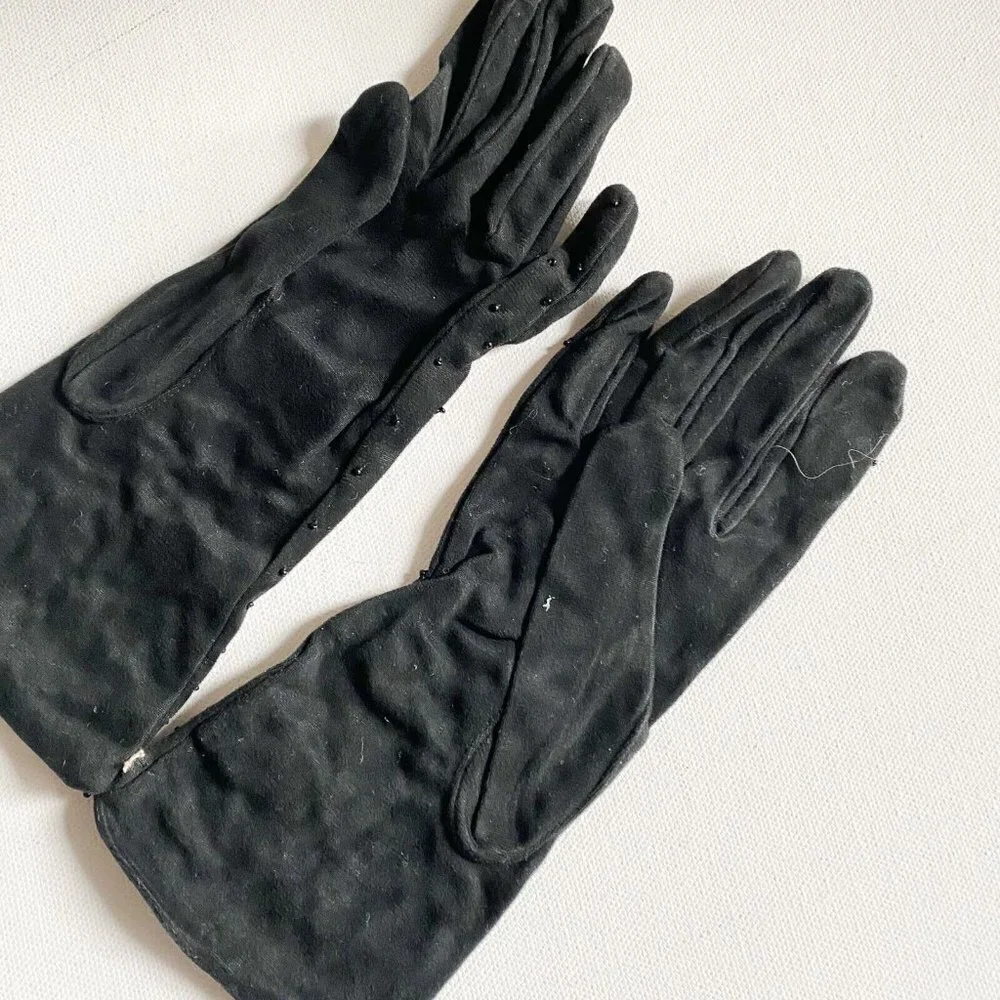 Vintage  Black Stretchy Beaded Black Wrist Gloves Fine Quality 7.5 NEW Unused